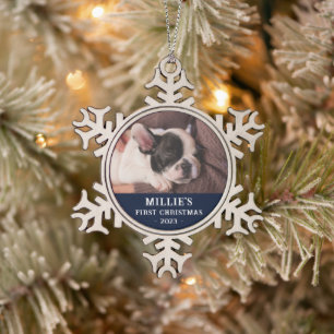 Personalized Blue First Christmas Puppy Photo Snowflake Pewter Christmas Ornament