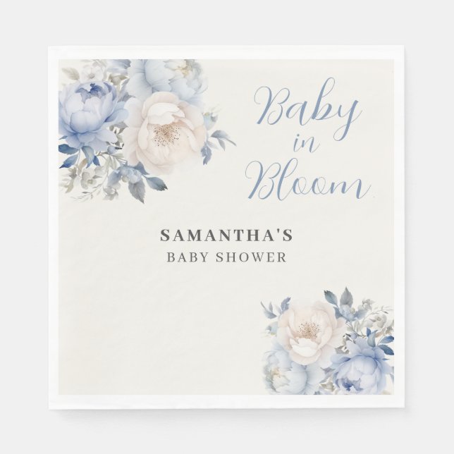 Personalized Blue Floral Boy Baby In Bloom Shower  Napkin (Front)