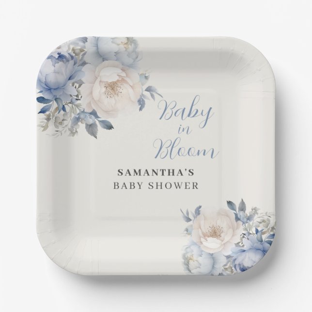 Personalized Blue Floral Boy Baby In Bloom Shower  Paper Plate (Front)