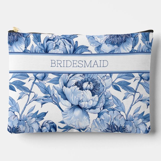 Personalized Blue Floral Bridesmaid Travel Flower Accessory Pouch (Front)