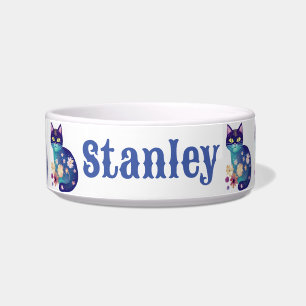 Personalized Blue Floral Cat Bowl