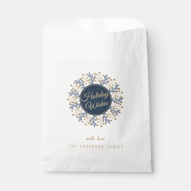 Personalized Blue Floral Christmas Holiday Wishes Favour Bag (Front)