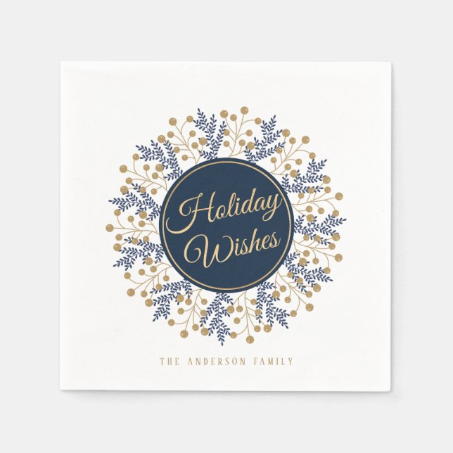 Personalized Blue Floral Christmas Holiday Wishes Napkin (Front)