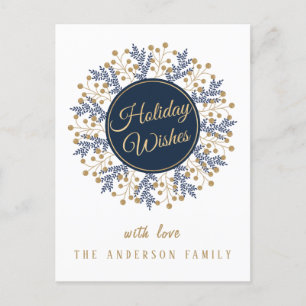 Personalized Blue Floral Christmas Holiday Wishes Postcard