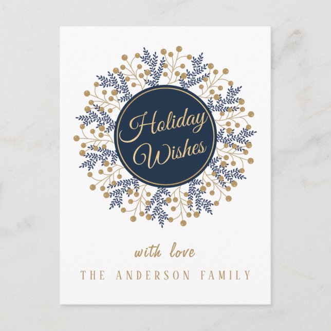 Personalized Blue Floral Christmas Holiday Wishes Postcard (Front)