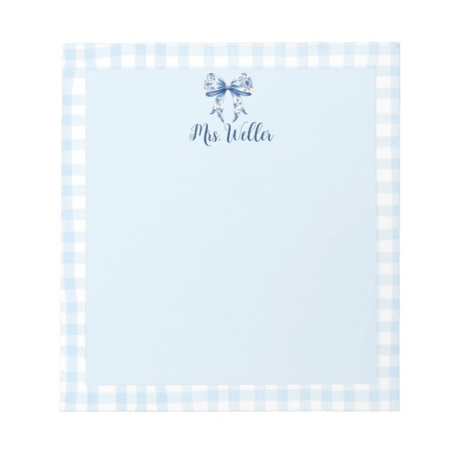 Personalized Blue Floral Coquette Elegant Bow Notepad (Front)