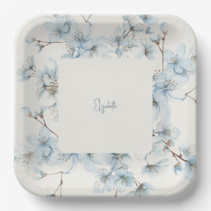 Personalized Blue Floral Cream Baby Shower  Paper Plate