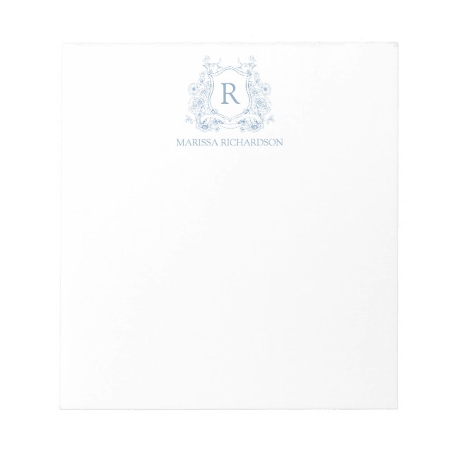 Personalized Blue Floral Crest Notepad (Front)
