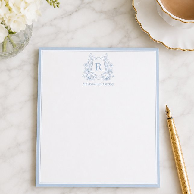 Personalized Blue Floral Crest Notepad (elegant powder blue french toile family crest notepad with custom initial and name)