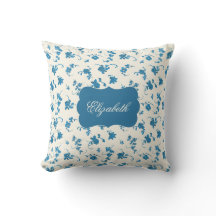 Personalized Blue Floral Elegant Throw Pillow