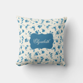 Personalized Blue Floral Elegant Throw Pillow