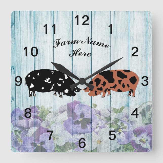 Personalized Blue Floral KuneKune Pig Farm Square Wall Clock (Front)