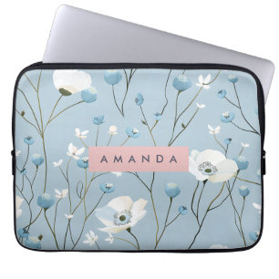Personalized Blue Floral Meadow Design Laptop Sleeve