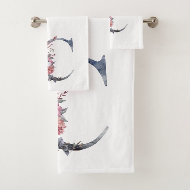 Personalized Blue Floral Monogram C Bath Towel Set (Insitu)