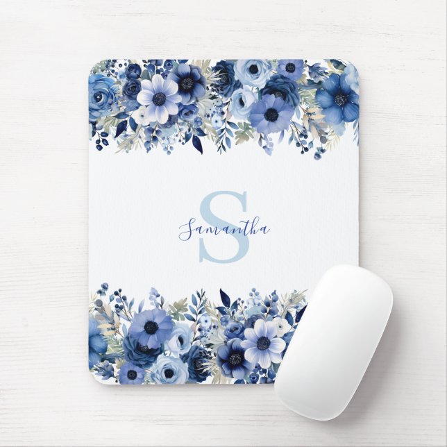 Personalized Blue Floral   Mouse Pad (With Mouse)