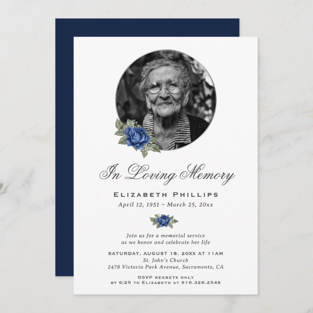 Personalized Blue Floral Photo Memorial Service Invitation (Front/Back)