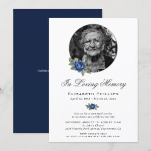 Personalized Blue Floral Photo Memorial Service Invitation