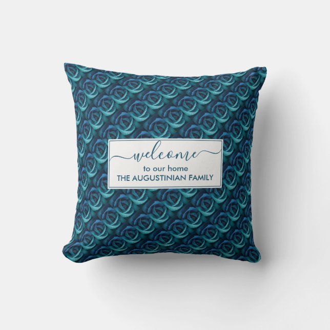 Personalized Blue Floral Rose WELCOME TO OUR HOME  Throw Pillow (Front)