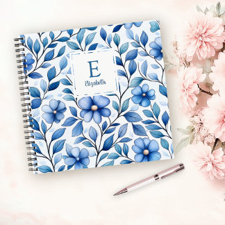 Personalized Blue Floral Square Notebook