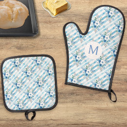 Personalized Blue Floral Stripe Country Kitchen Oven Mitt & Pot Holder Set