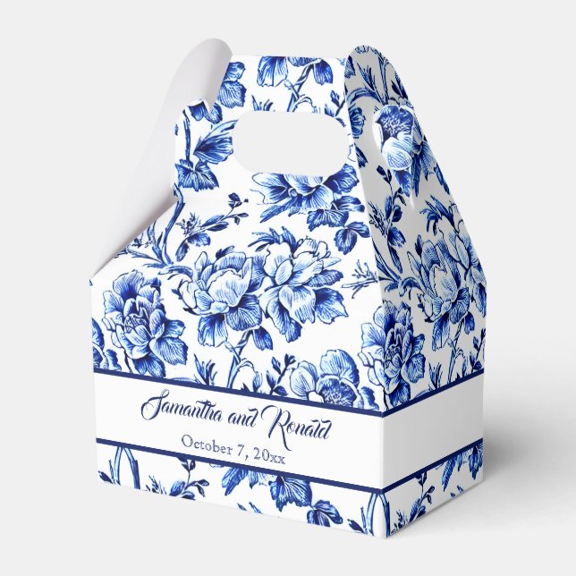 Personalized Blue Floral Toile Wedding  Favor Box (Front Side)