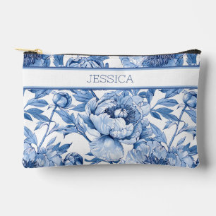 Personalized Blue Floral Travel Flower Makeup Accessory Pouch