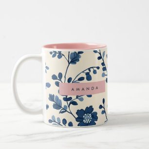 Personalized Blue Floral Vine Style Two-Tone Coffee Mug