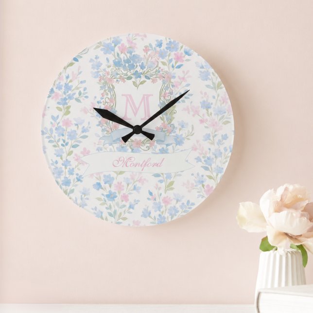 Personalized Blue Floral Wall Clock (elegant pretty grandmillennial blue floral clock with custom initial and name in calligraphy script)