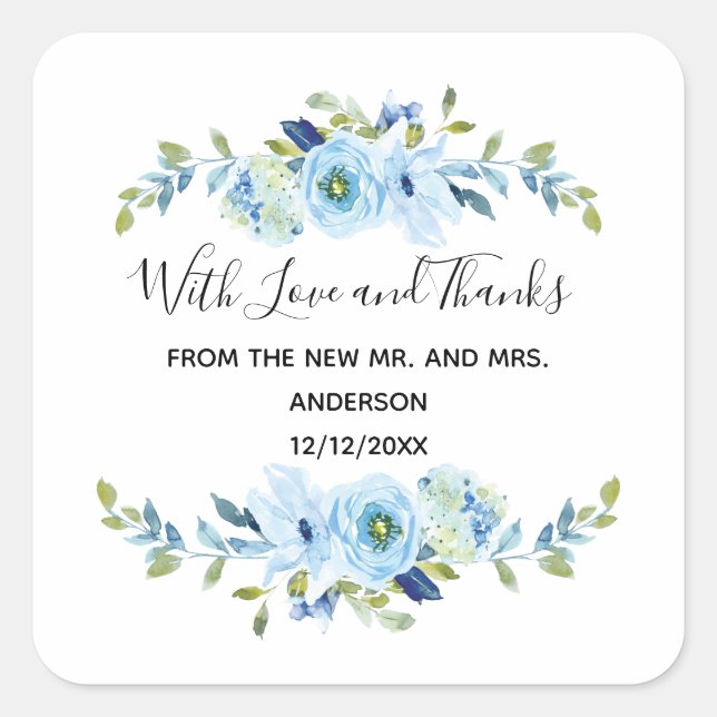 Personalized Blue Floral Wedding Favour   Square Sticker (Front)