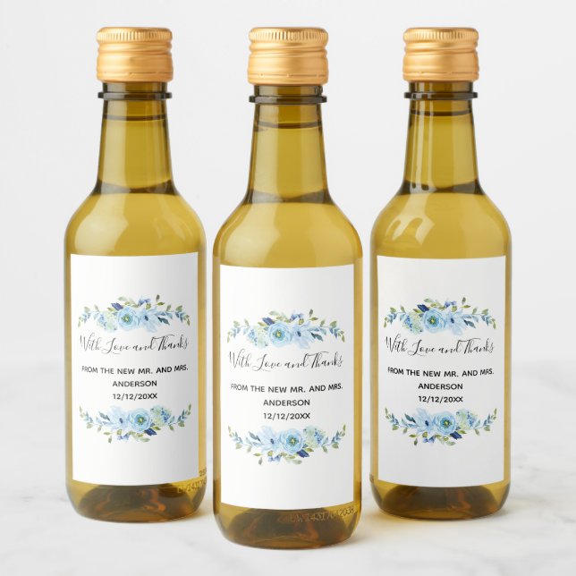 Personalized Blue Floral Wedding Favour  Wine Label (Bottles)