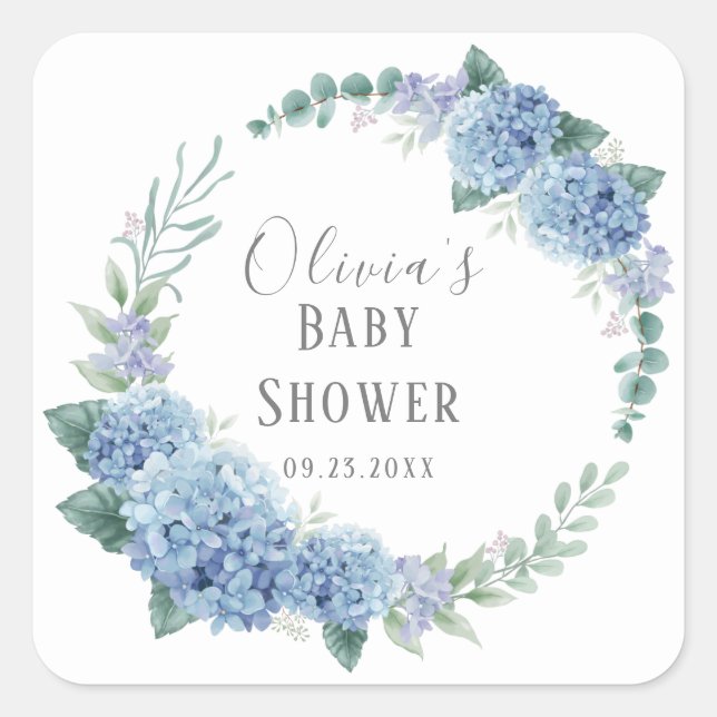 Personalized Blue Floral Wreath Baby Shower Square Sticker (Front)