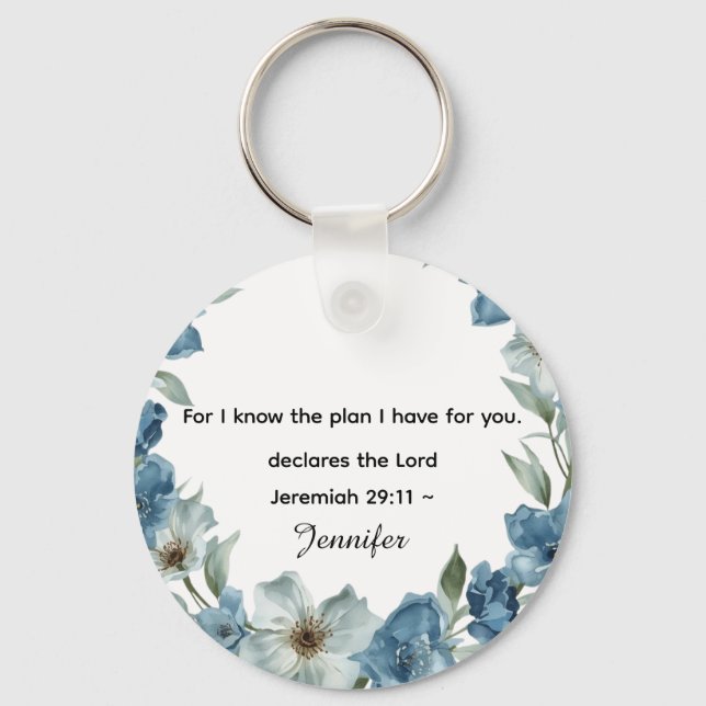 Personalized blue flower Bible Scripture jeremiah  Keychain (Front)