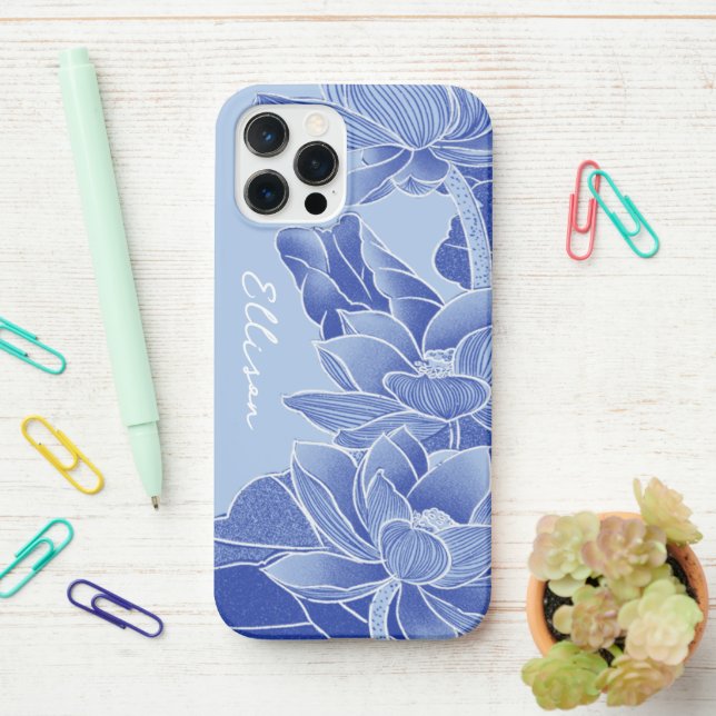 Personalized Blue Flower Lotus Mandala Chinoiserie iPhone Case (On Desk)