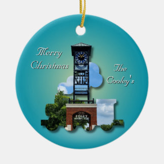 Personalized (Blue) Foley Clock Tower & Train Ceramic Ornament