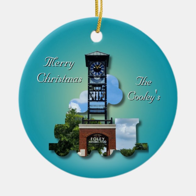 Personalized (Blue) Foley Clock Tower & Train  Ceramic Ornament (Front)