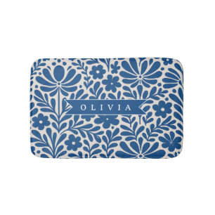 Personalized Blue Folk Floral Nordic Custom Bath Mat