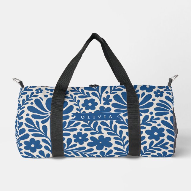 Personalized Blue Folk Floral Nordic Custom Duffle Bag (Front)