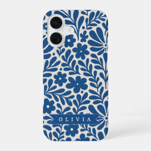 Personalized Blue Folk Floral Nordic Custom iPhone 16 Case