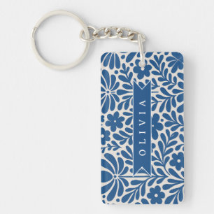 Personalized Blue Folk Floral Nordic Custom Keychain