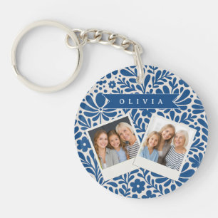 Personalized Blue Folk Floral Nordic Custom Keychain