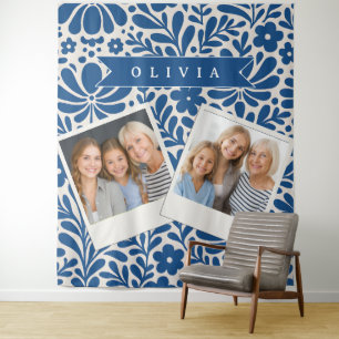 Personalized Blue Folk Floral Nordic Custom Tapestry