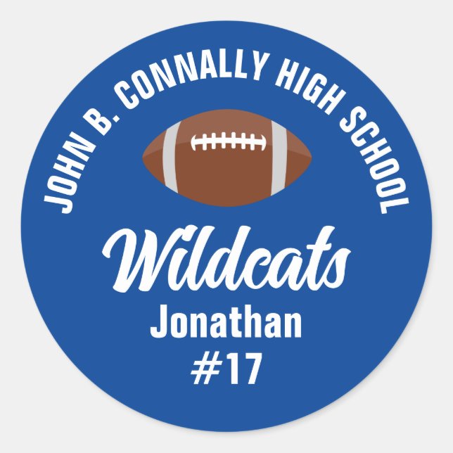 Personalized Blue Football Player High School Classic Round Sticker (Front)