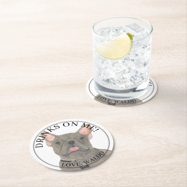 Personalized Blue Frenchie French Bulldog Wedding Round Paper Coaster (Insitu)