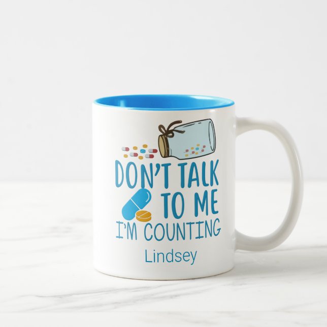 Personalized Blue Funny Pharmacist/ Tech Coffee Two-Tone Coffee Mug (Right)