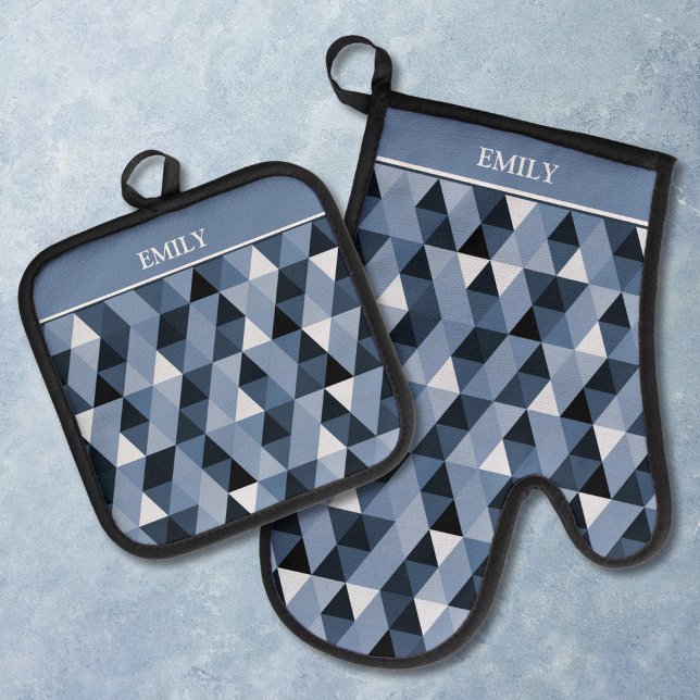 Personalized Blue Geometric Pattern Oven Mitt & Pot Holder Set (Creator Uploaded)