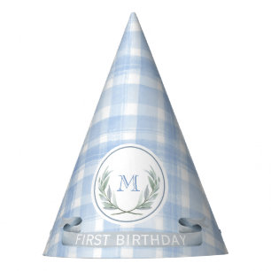 Personalized Blue Gingham Laurel Crest Party Hat