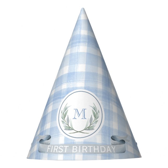 Personalized Blue Gingham Laurel Crest Party Hat (Front)