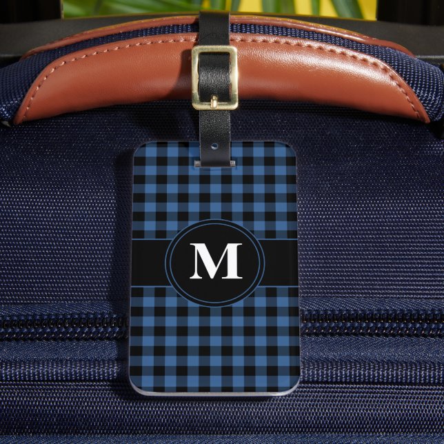 Personalized Blue Gingham Monogram Luggage Tag (Front Insitu 2)