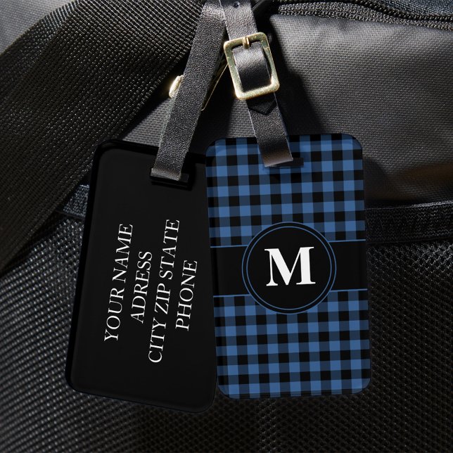 Personalized Blue Gingham Monogram Luggage Tag (Monogram Blue And Black Gingham Pattern Luggage Tag)