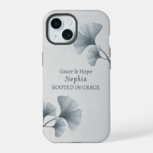 Personalized Blue Ginkgo Leaf Custom Name iPhone 15 Case
